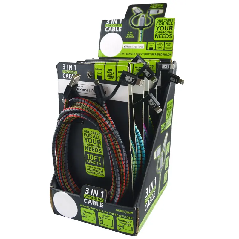 3-In-1 Braided Charging Cable: Usb-C / Micro Usb / Lightning (10Ft) – Retail-Ready Display Pack Of 6 (Model 23100) 1