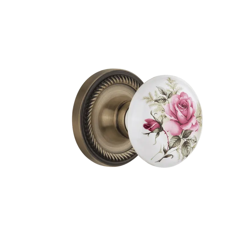 Antique Brass Rope Rosette With White Rose Porcelain Knob 1