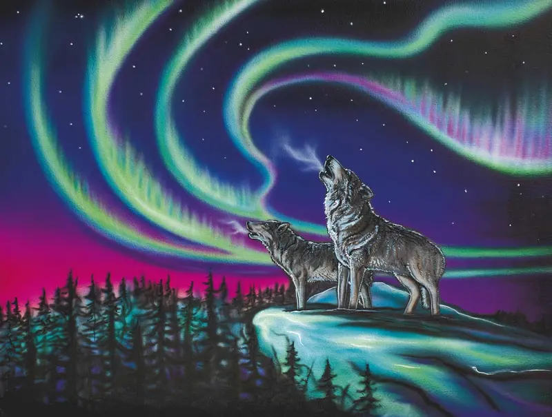 Art Card: 'Sky Dance – Wolf Song' Inspired By Aurora & Northern Lights By Métis Artist Amy Keller-Rempp 1
