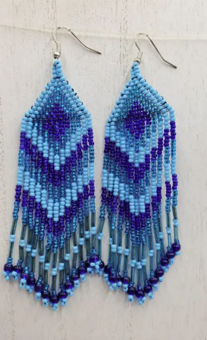 Blue Beaded Chevron Fringe Earrings – Handmade Statement Accessories 1