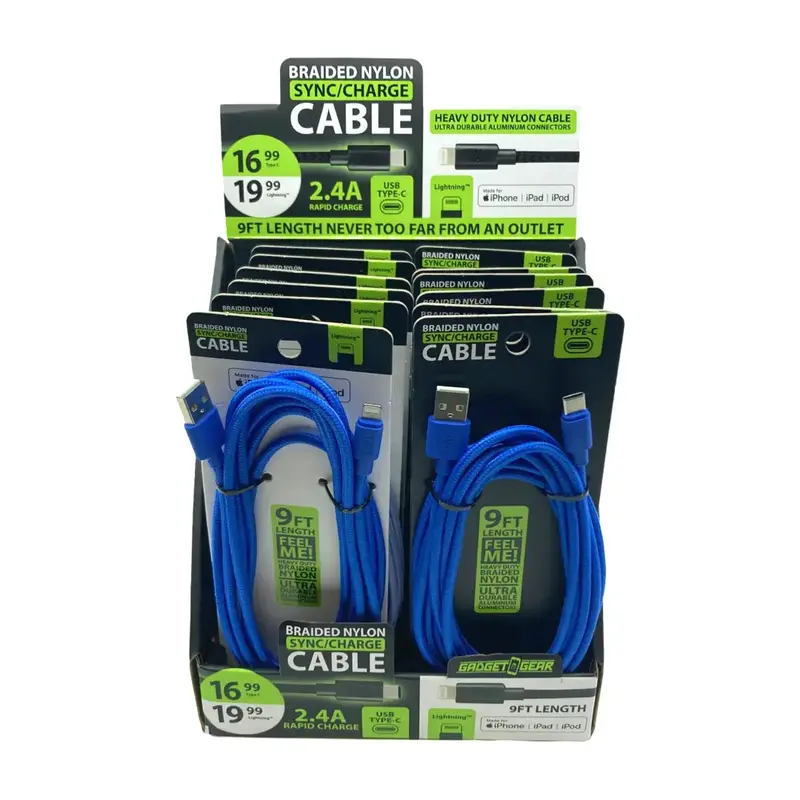 Braided Nylon Charging Cables (9Ft, 2.4A) – 12-Pack Retail Display – Model 88254 1