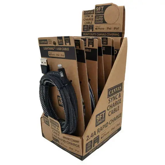 Canvas-Wrapped Charging Cable Set – 9-Foot Length, 6-Pack Display 1