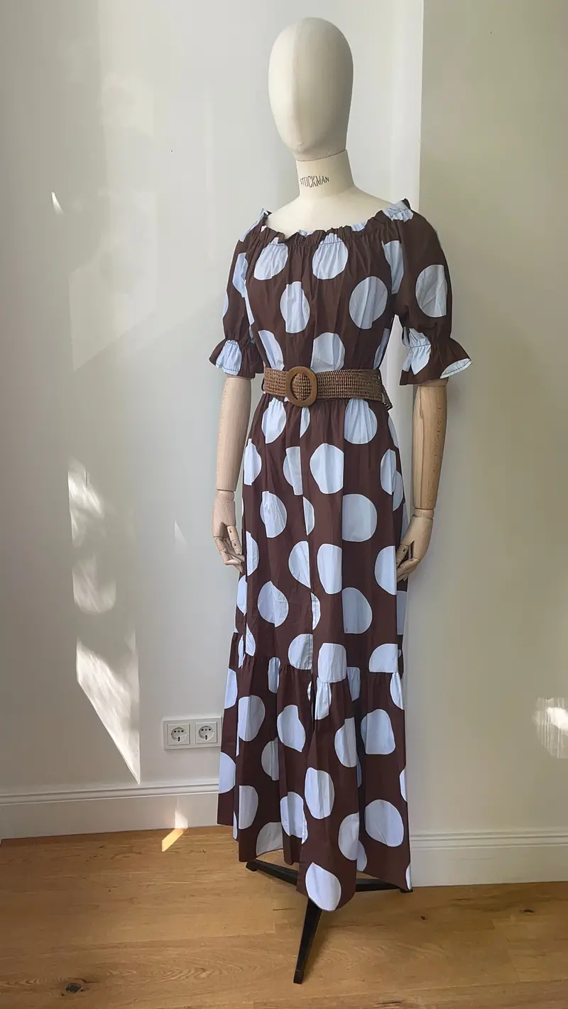 Carmen Dress With Brown & Light Blue Polka Dots 1