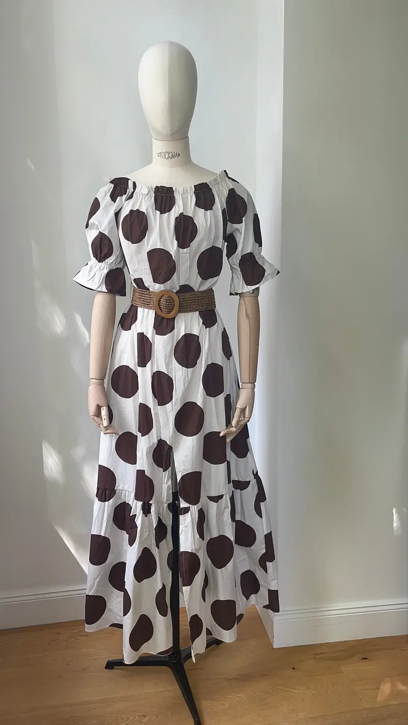 Carmen Dress With Cream & Brown Polka Dots 1