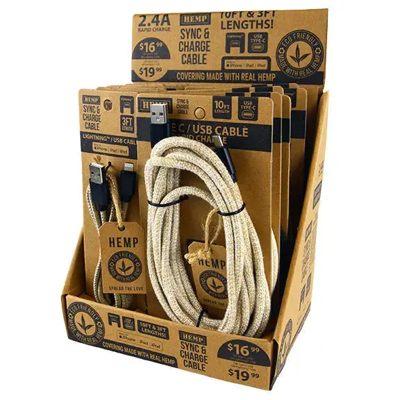 Eco-Conscious Hemp Charging Cable Assortment – 12-Pack Retail Display 1