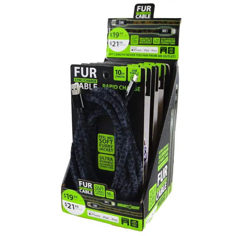 Fur-Textured Charging Cable Assortment – 10-Foot, 2.4A, 6-Pack Retail Display 1
