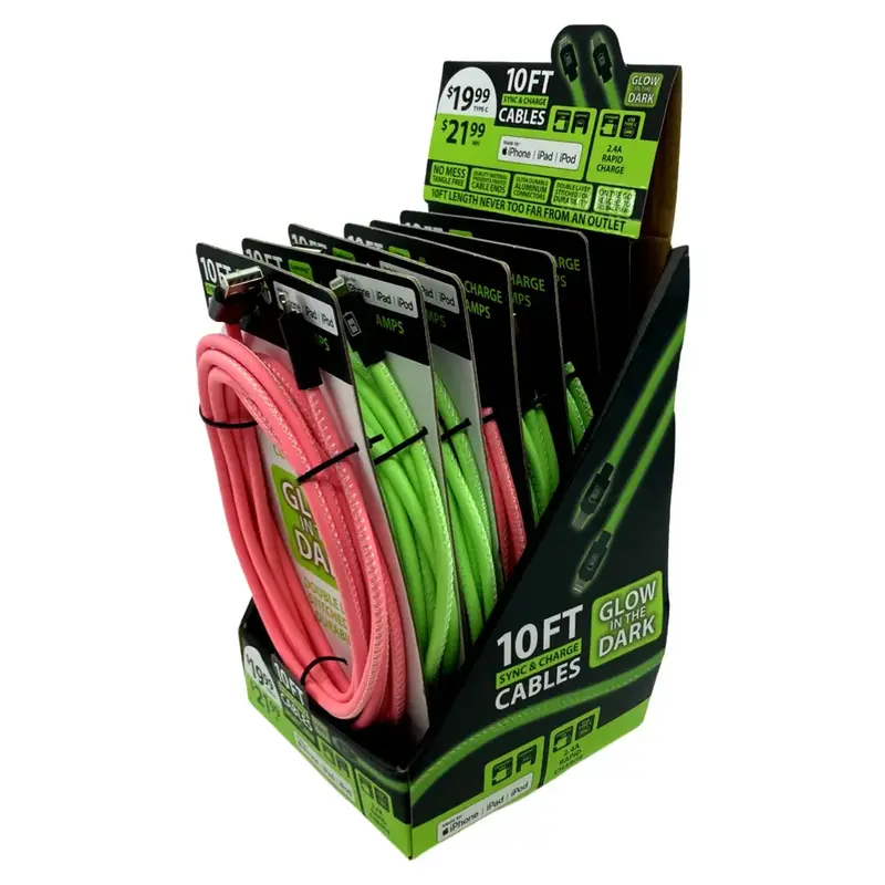 Glow-In-The-Dark Charging Cable Assortment – 10-Foot, 6-Pack Retail Display 1