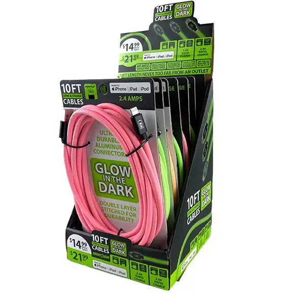 Glow-In-The-Dark Charging Cables (10Ft, 2.4A) – 6-Pack Retail Display – Model 88320 1