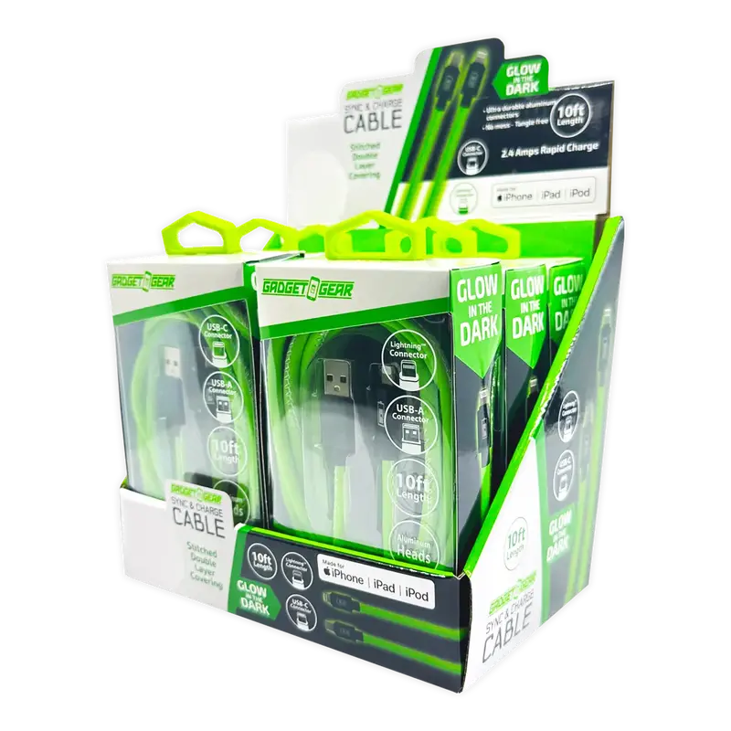 Glow-In-The-Dark Usb Charging Cable Assortment (10 Ft) – Retail Display (6-Pack) | Model 25113 1