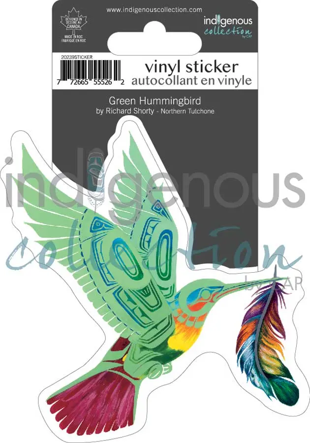 Green Hummingbird Large Adhesive Sticker (4.5" X 4.5") By Richard Shorty (Dene) 1