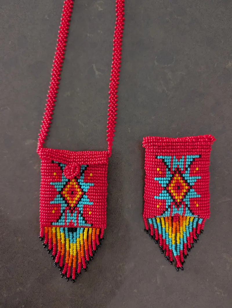 Hand-Beaded Red Amulet Necklace, Traditional Indigenous Craft 1
