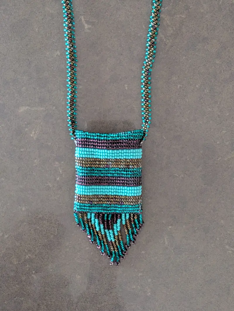 Hand-Beaded Teal-And-Brown Amulet Necklace, Indigenous Crafted Design 1