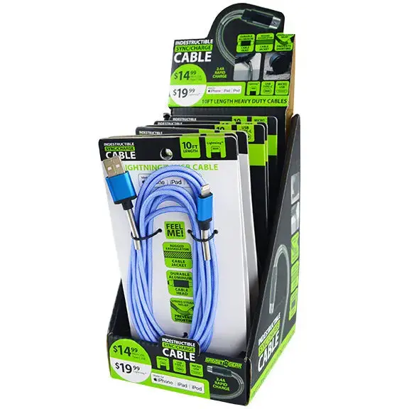 Heavy-Duty Indestructible Charging Cables (10Ft, 2.4A) – 6-Pack Retail Display – Model 88294 1