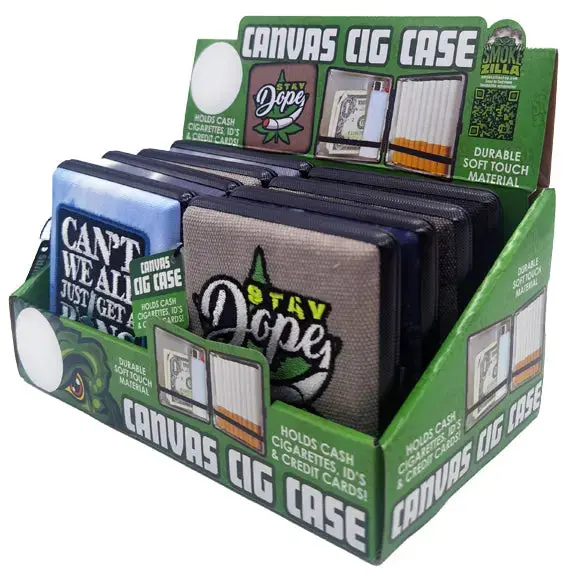 Hinged Canvas & Metal Cigarette Case – 8-Pack Retail Display (Model 30033) 1