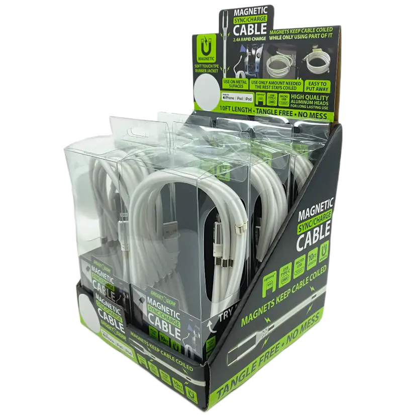 Magnetic Charging Cable Set – 10-Foot Length, 6-Pack Retail Display 1