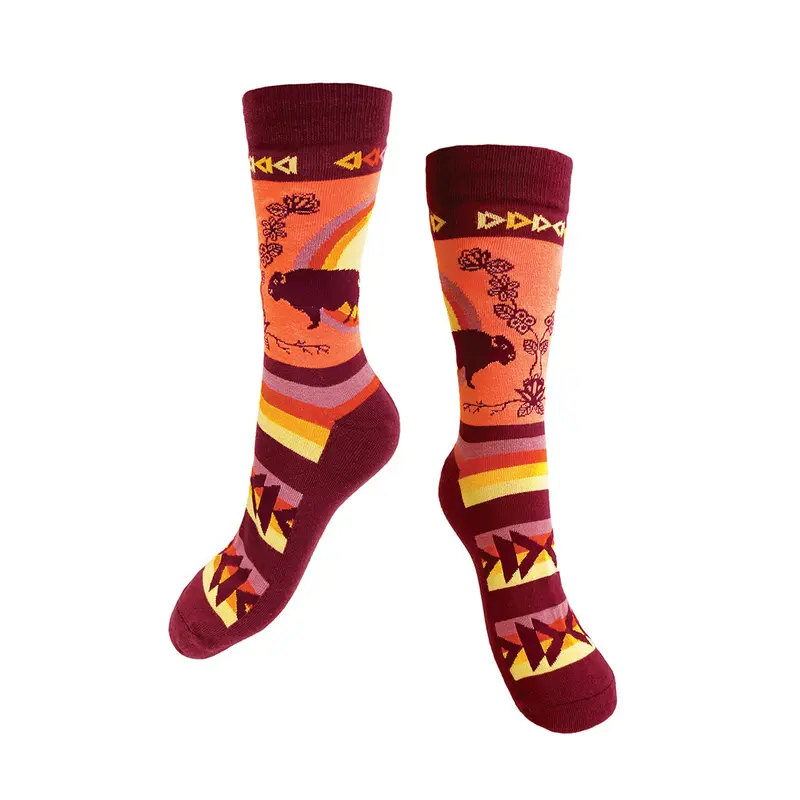 Ojibwe Art Socks: "Buffaloes (Mashkodebiizhikina)" By Storm Angeconeb 1