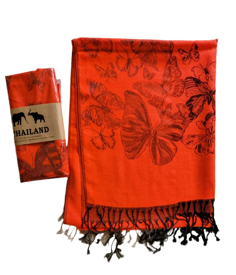 Orange Thai Silk Butterfly-Print Shawl 1
