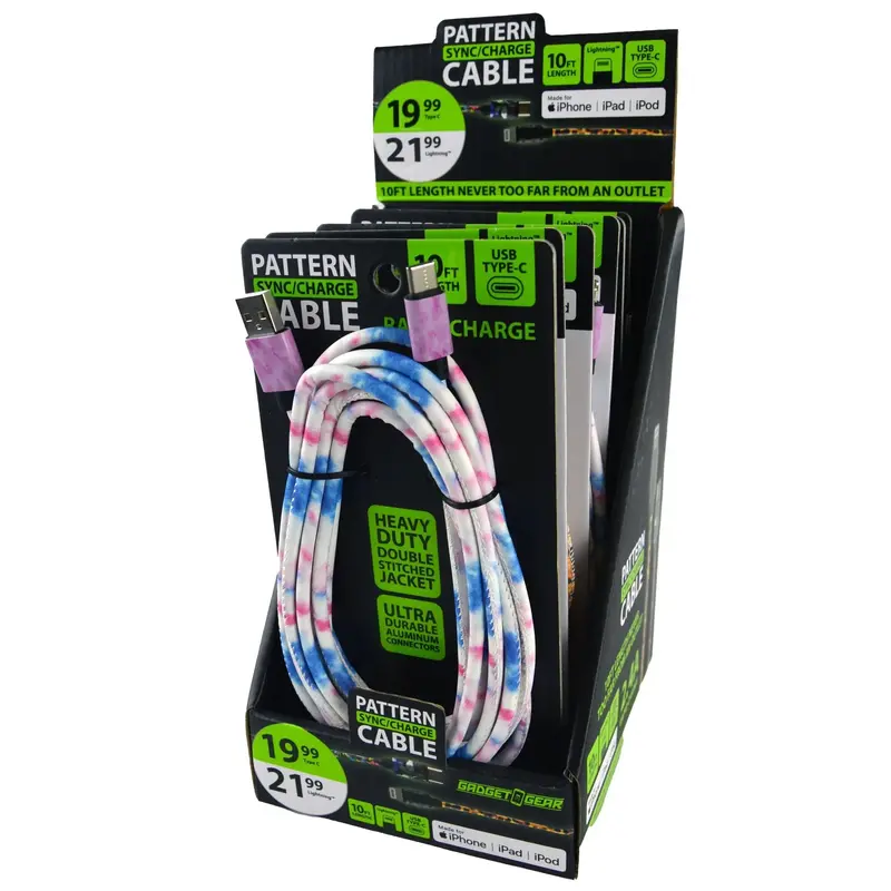 Patterned Charging Cables (10Ft) – 6-Pack Retail Display – Model 88347 1