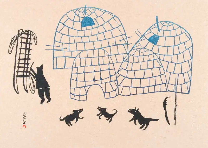 Pitseolak Ashoona Inuit Art Card: 'Man Repairing Sled' 1