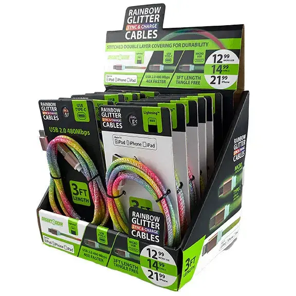 Rainbow-Colored Charging Cable Variety Pack – 3-Foot, 12-Pack Retail Display 1