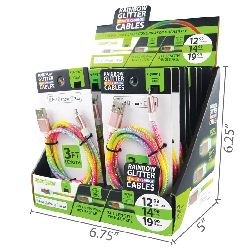 Rainbow-Colored Short Charging Cables – 3-Foot, 12-Pack Display 1