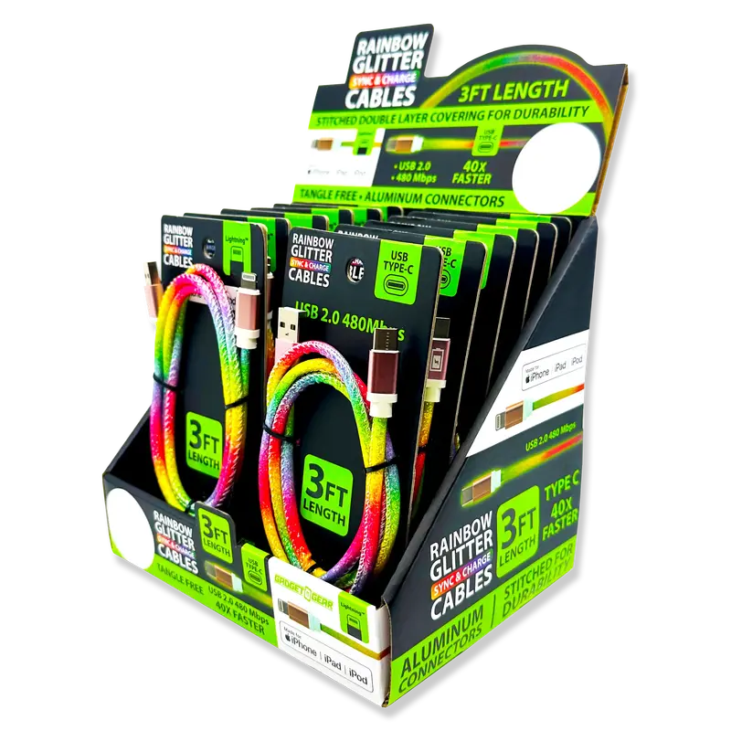 Rainbow-Colored Short Charging Cables (3Ft) Assortment – 12-Unit Display Kit (Model 88456) 1