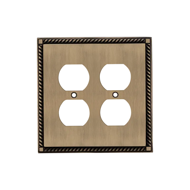 Rope-Style Switch Plate With Dual Outlets – Antique Brass Finish 1