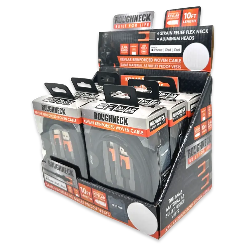 Roughneck Cloth-Wrapped Charging Cables – 10-Foot, 2.4A, 6-Pack Retail Display (Sku 88460) 1