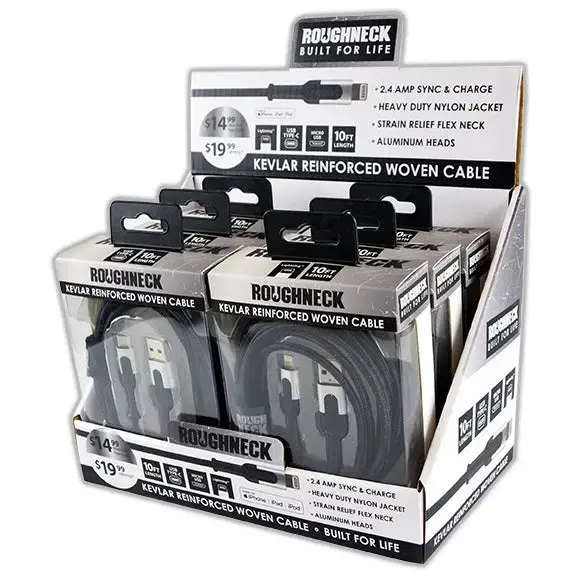 Roughneck Heavy-Duty Charging Cable Assortment – 10 Ft, 2.4A, 6-Pack Display 1