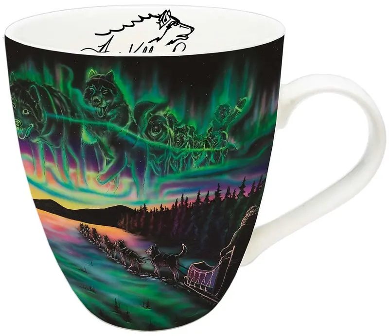 Sky Dance: Traditional Pathways Mug – Aurora-Themed Dog Sled Design 1