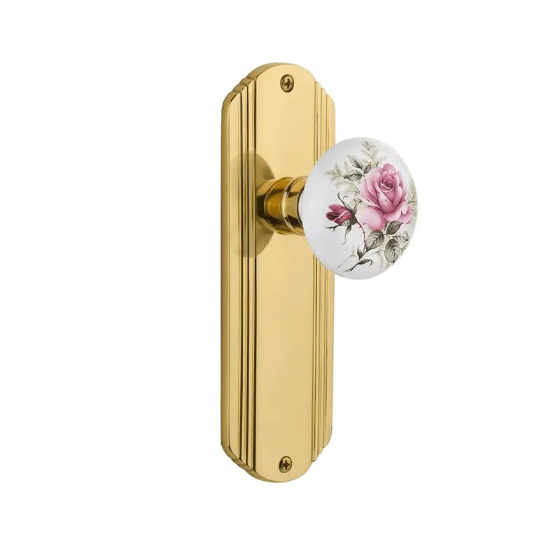 Unlacquered Brass Long Decorative Plate With White Rose Porcelain Knob 1
